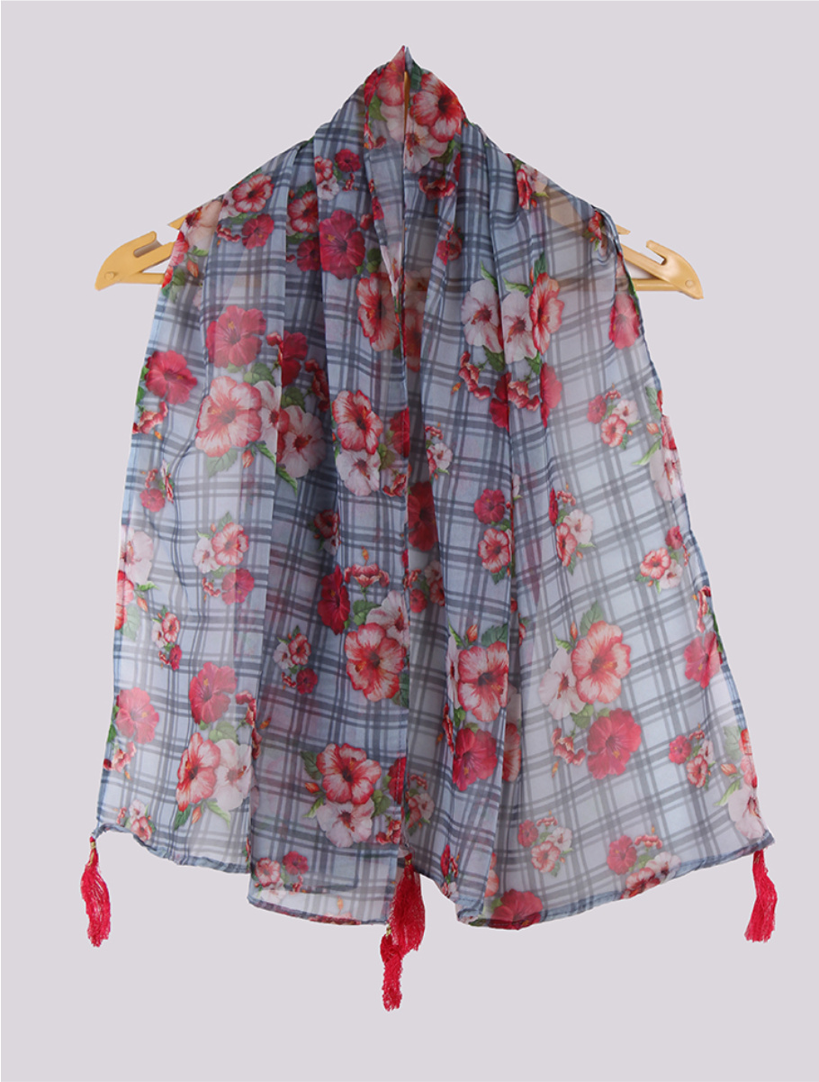 Gray Pink Digital Printed Georgette Stole with Tassel-33410