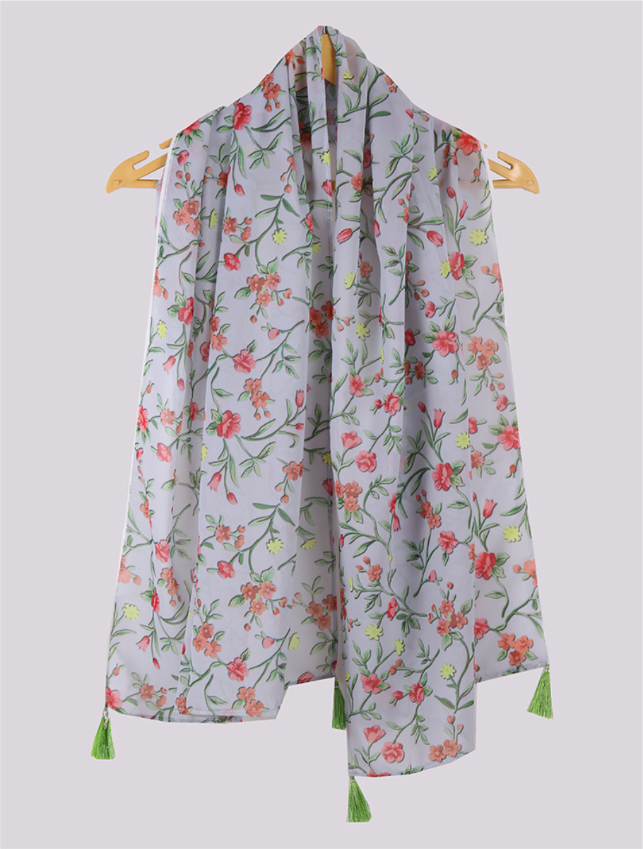 Gray Red Digital Printed Georgette Stole with Tassel-33409