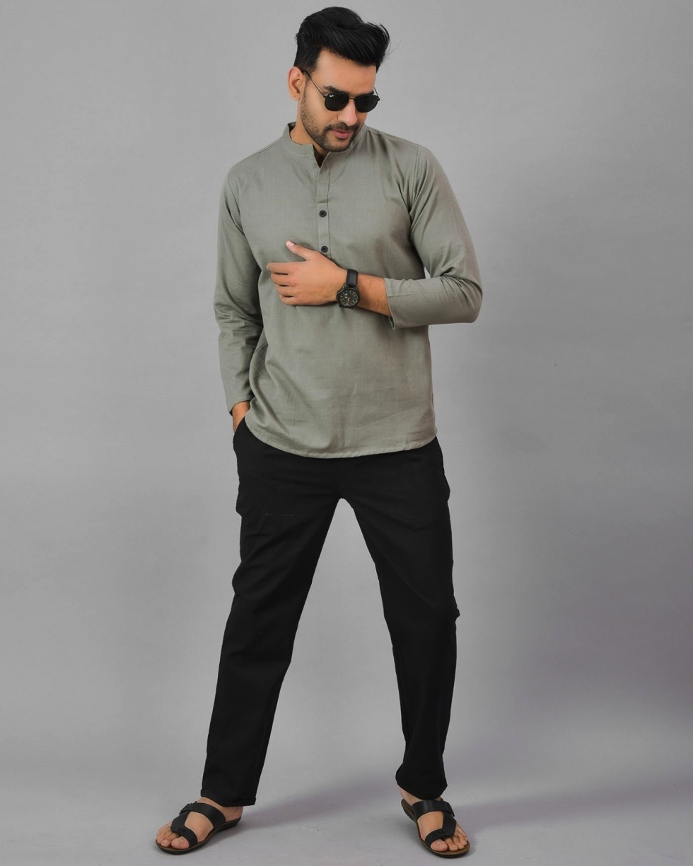 Men Cotton Solid Co-ord Set Gray and Black-25781