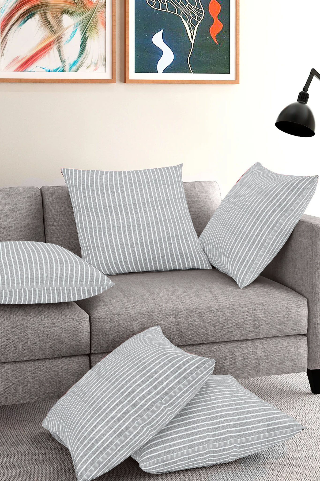 Set of 5-Gray White Cotton Cushion Cover-35392-16x16 Inches