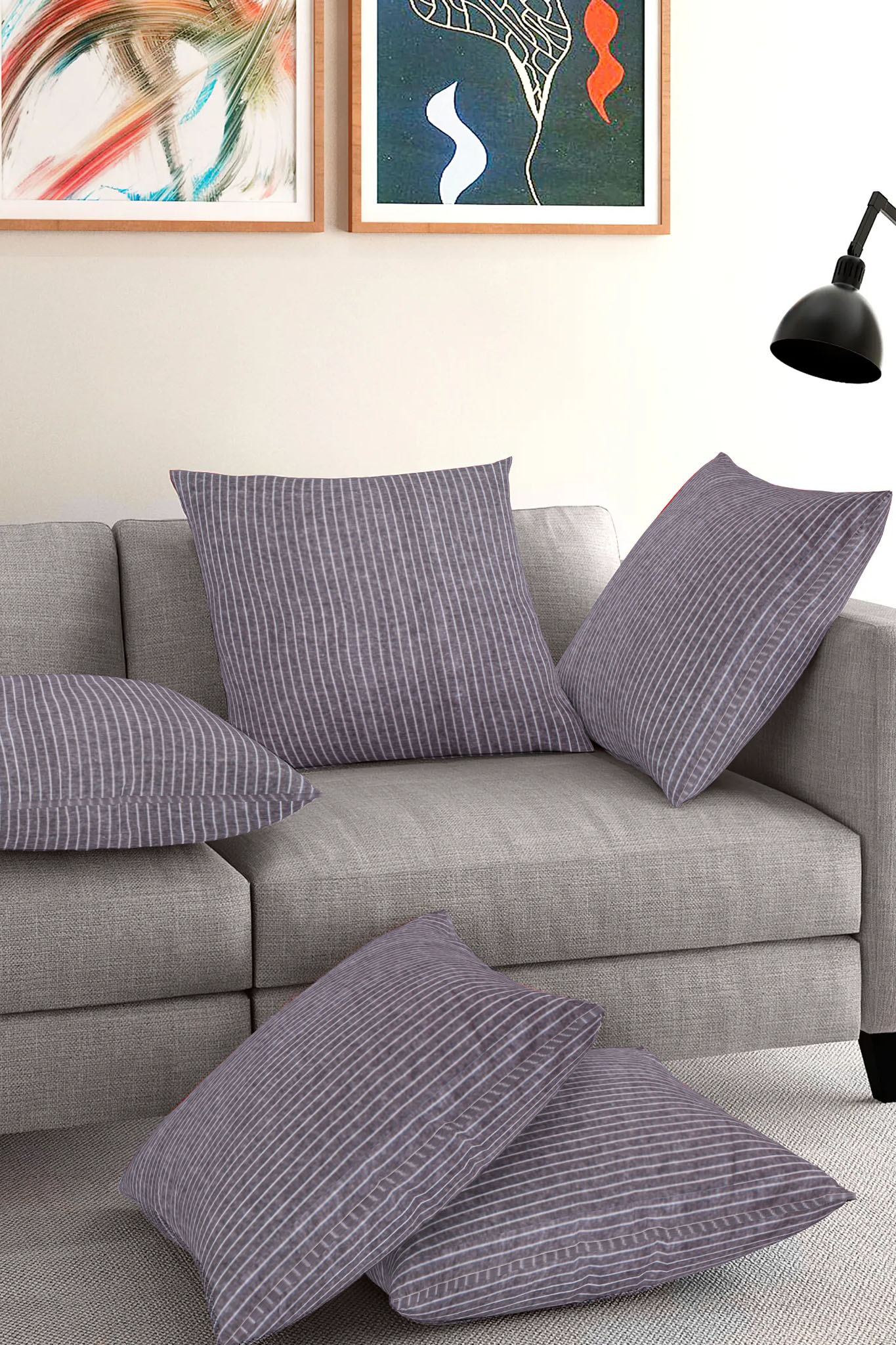 Set of 5-Gray White Cotton Cushion Cover-35393-16x16 Inches