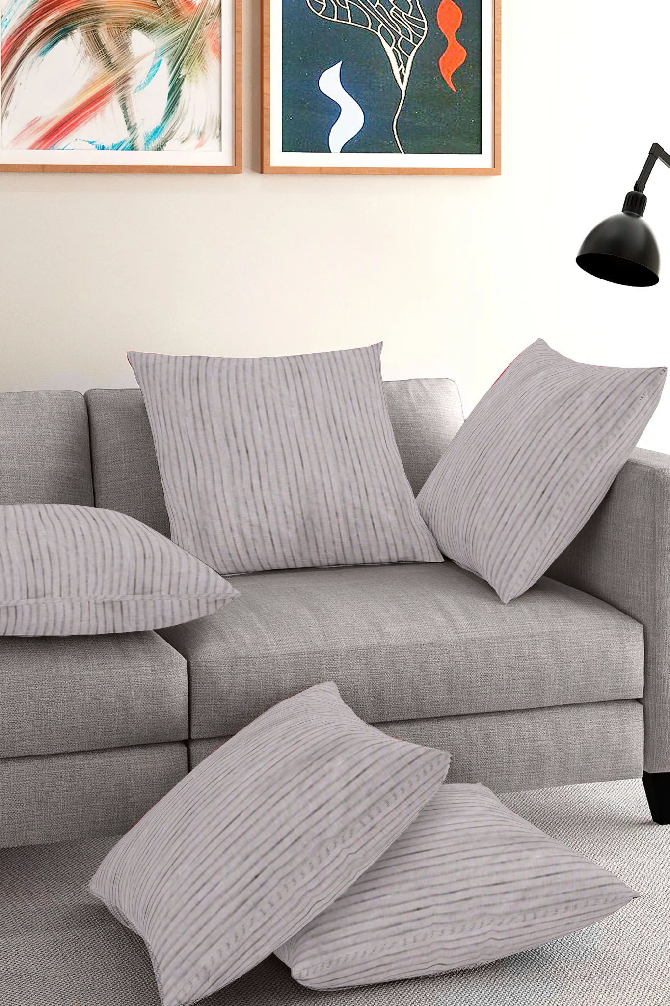 Set of 5-Gray White Cotton Cushion Cover-35400-16x16 Inches