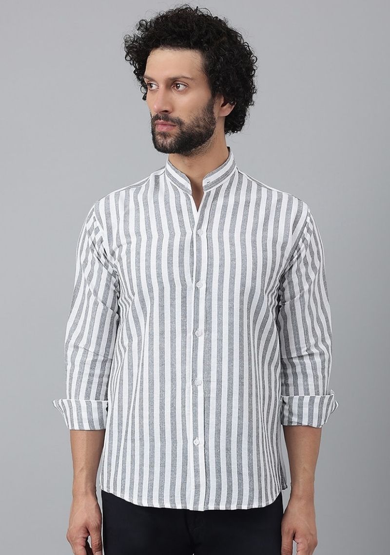 Gray and White Cotton Handloom Stripe Men Shirt-48735