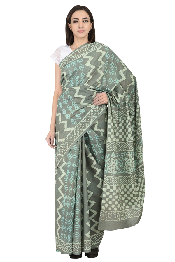 Gray and White Zig Zag design Cotton Dabu Block Print Saree-20095