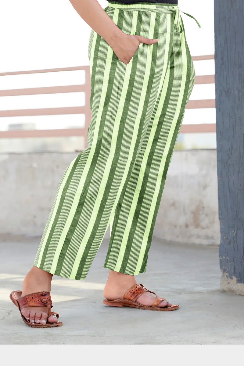 Green Black Cotton Khadi Striped Loose Pant-35869
