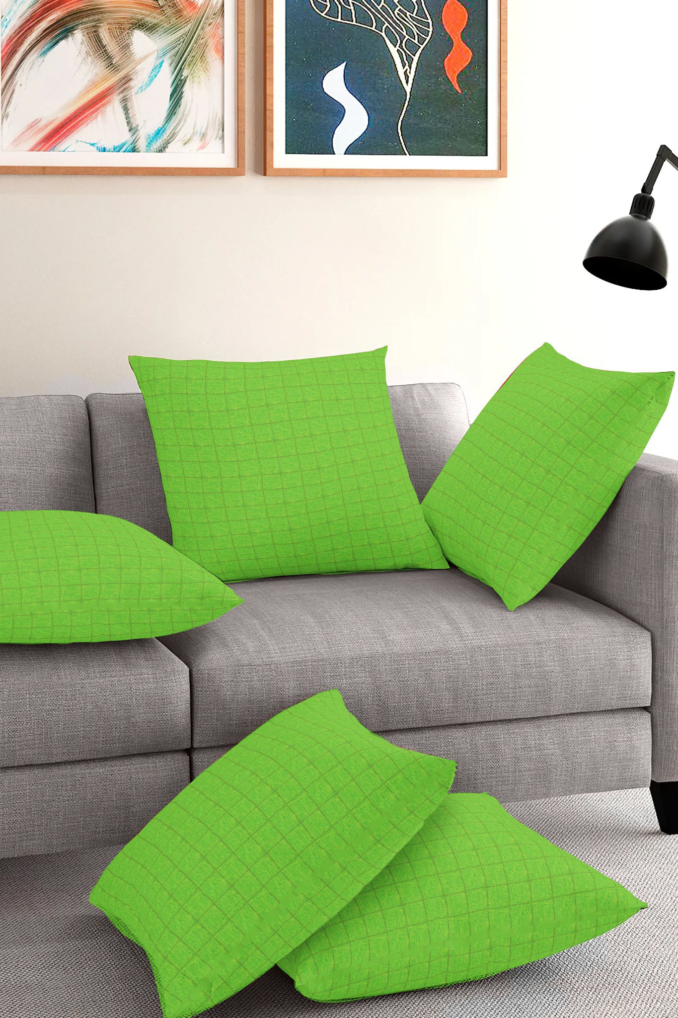Set of 5-Green Golden Cotton Cushion Cover-35396-16x16 Inches