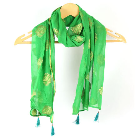 Green Golden Digital Printed Chiffon Stole with Tassle-33629