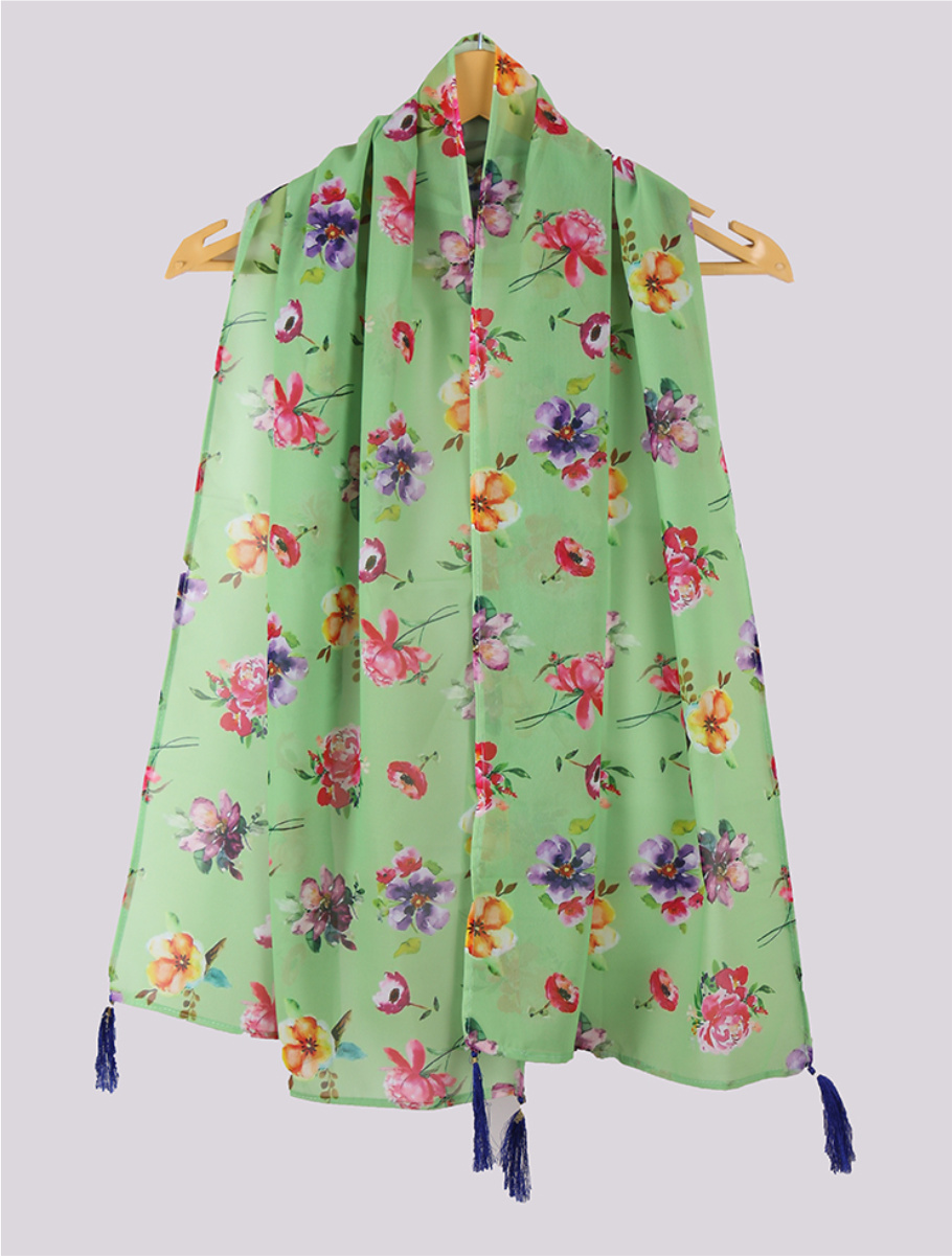 Green Pink and Yellow Digital Printed Georgette Stole with Tassel-33408