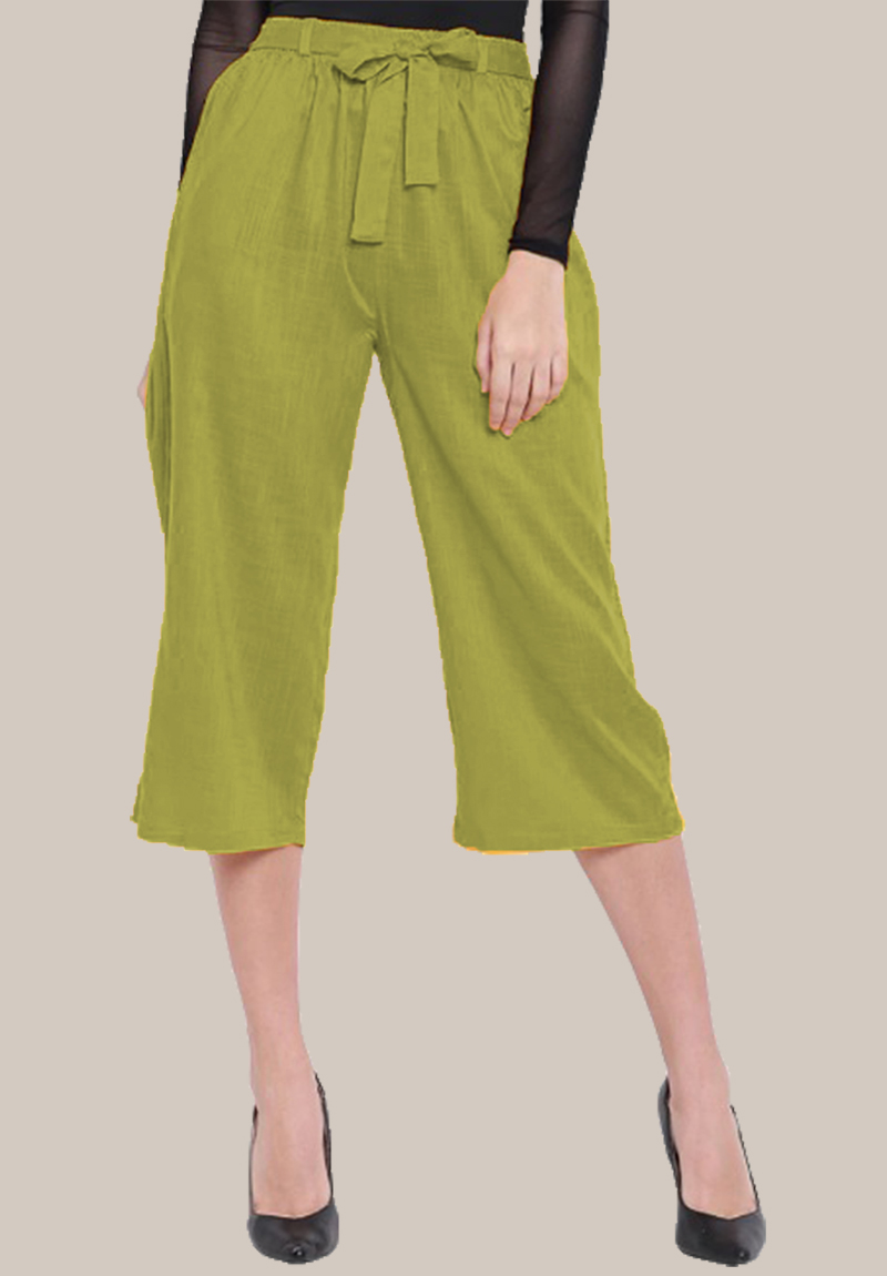 Green Rayon Solid Women Culottes with Belt-35104