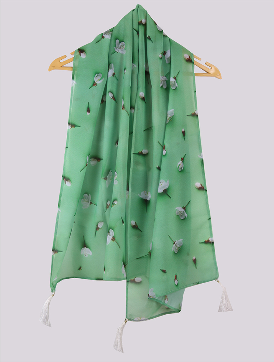 Green White Digital Printed Georgette Stole with Tassel-33404