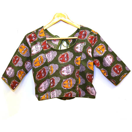 Green-White and Yellow Buddha Kalamkari Print Cotton Blouse-30019