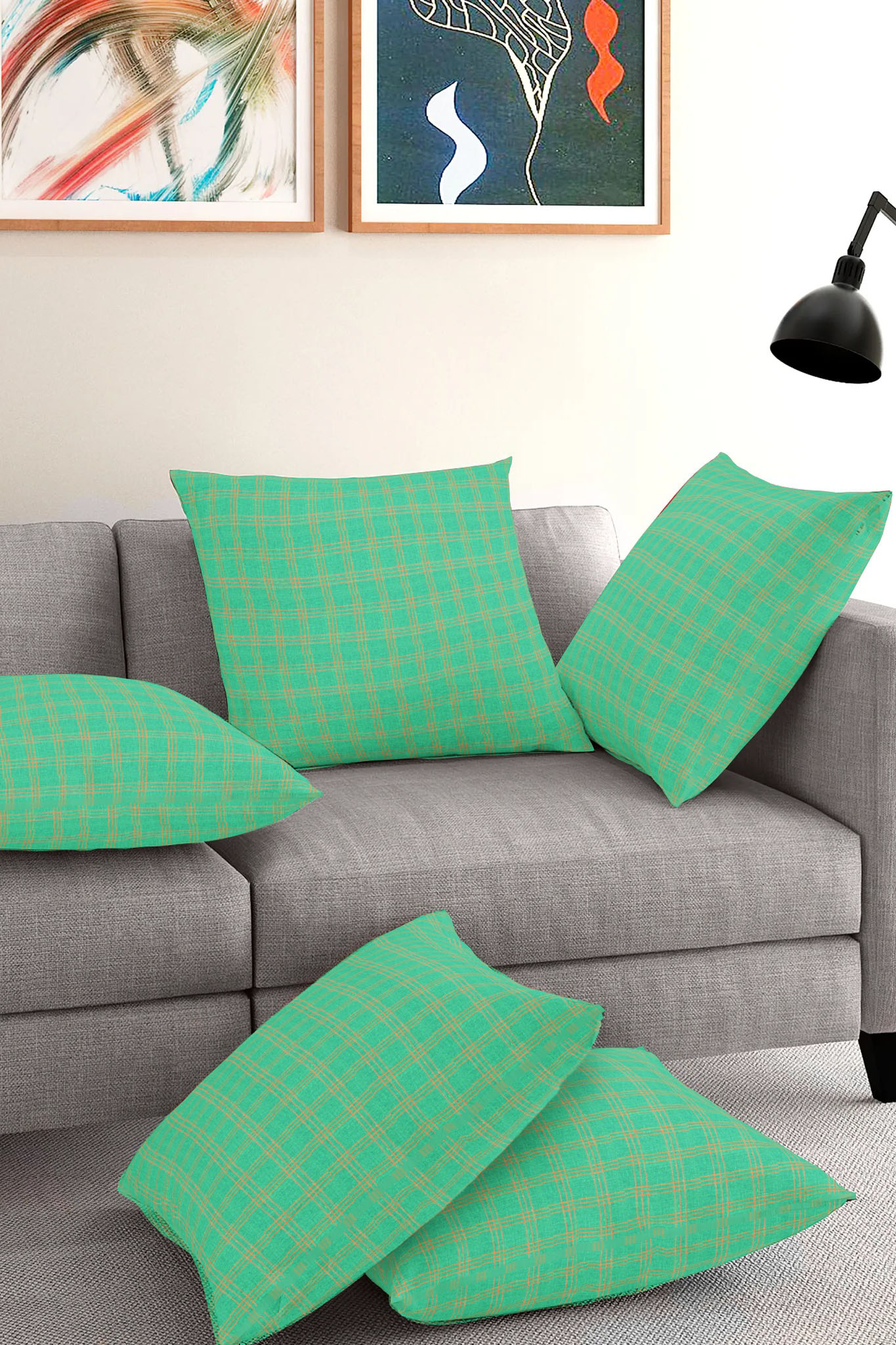 Set of 5-Green Yellow Cotton Cushion Cover-35397-16x16 Inches