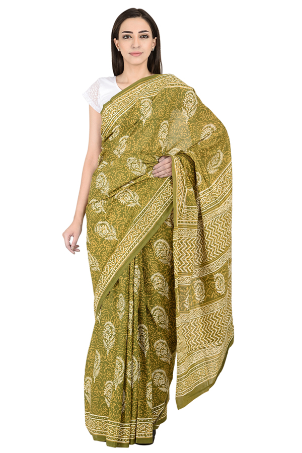 Green and White Floral Design Cotton Block Print saree-20086