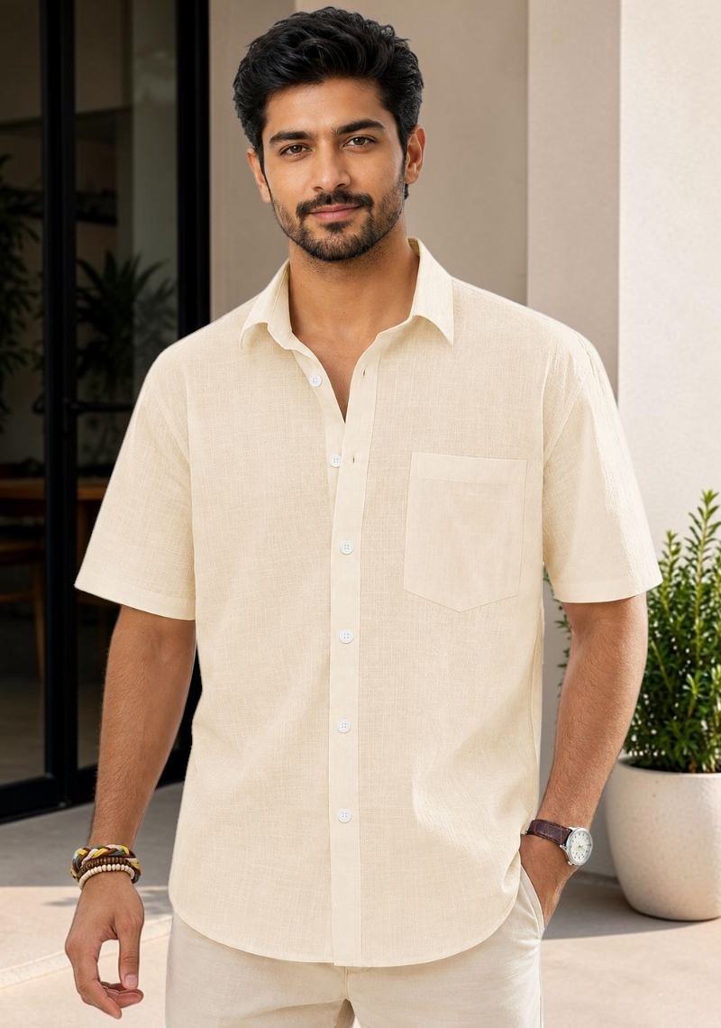 Light Beige Cotton Linen Relaxed Fit Half Sleeve Shirt-51712