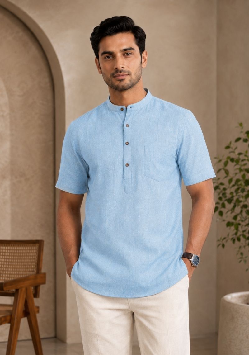 Light Blue Cotton Half Sleeves Short Kurta-51278