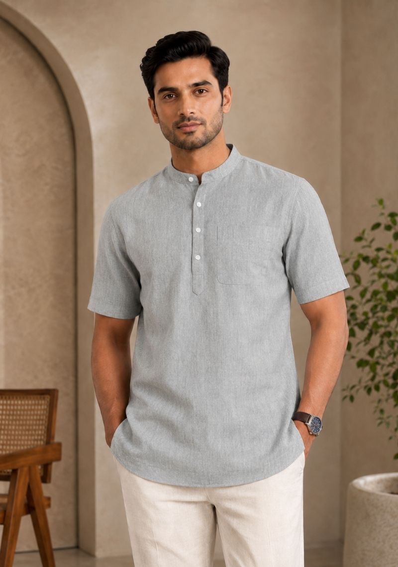 Light Gray Cotton Half Sleeves Short Kurta-51279