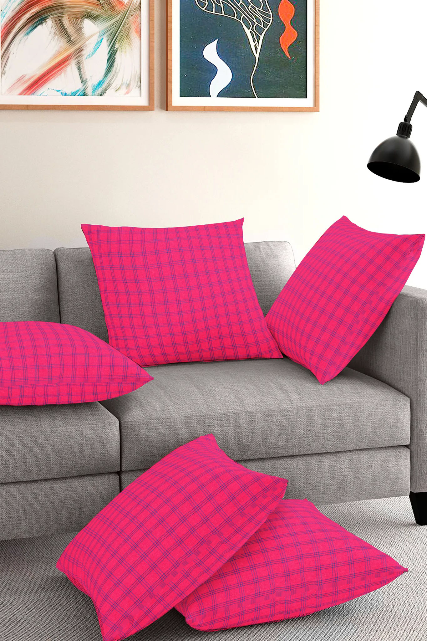 Set of 5-Magenta Pink Blue Cotton Cushion Cover-35384-16x16 Inches