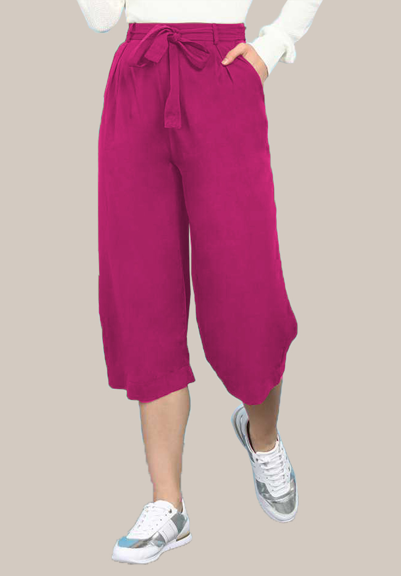 Magenta Pink Rayon Solid Women Culottes with Belt-35105