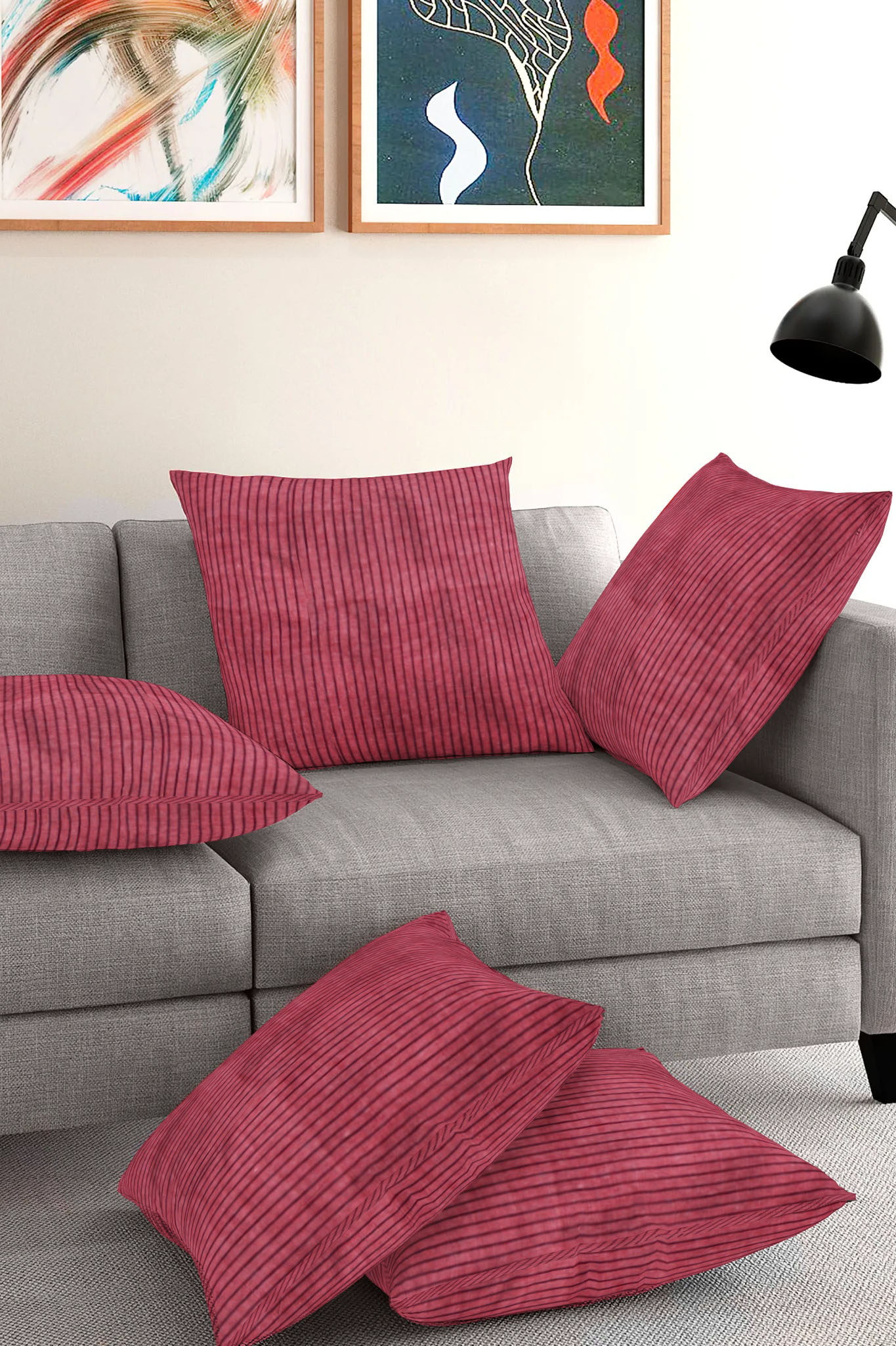 Set of 5-Maroon Black Cotton Cushion Cover-35379-16x16 Inches