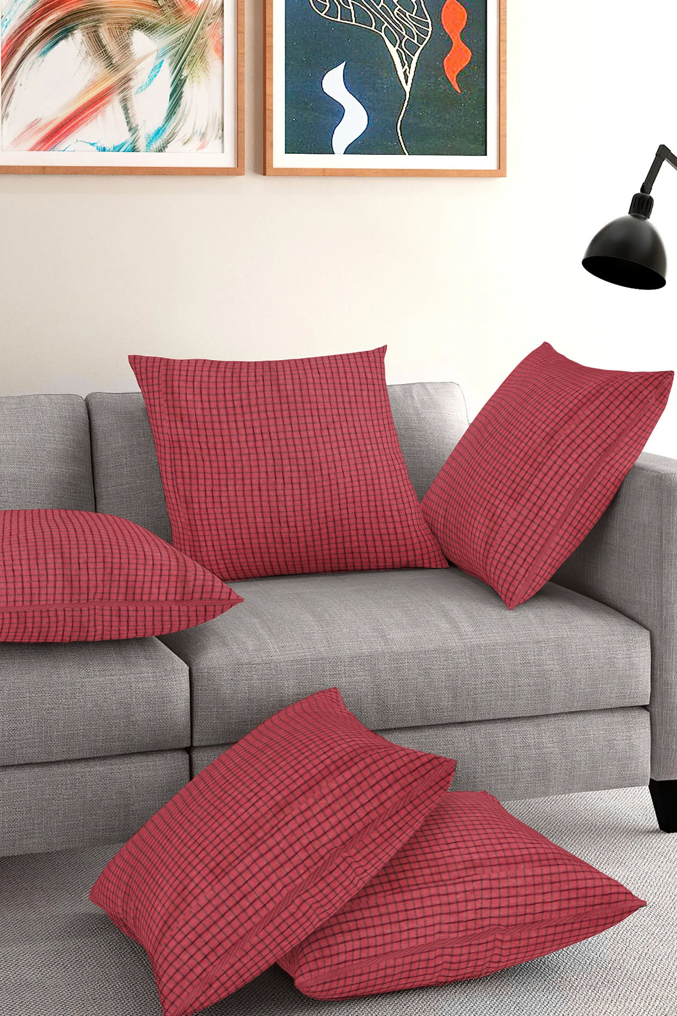 Set of 5-Maroon Black Cotton Cushion Cover-35412-16x16 Inches