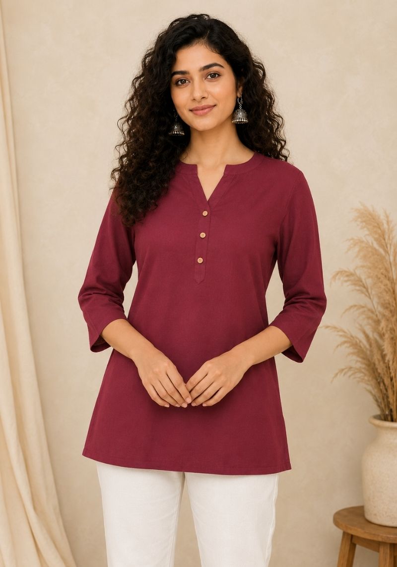 Maroon Cotton Ethnic Women Solid Short Top-51186