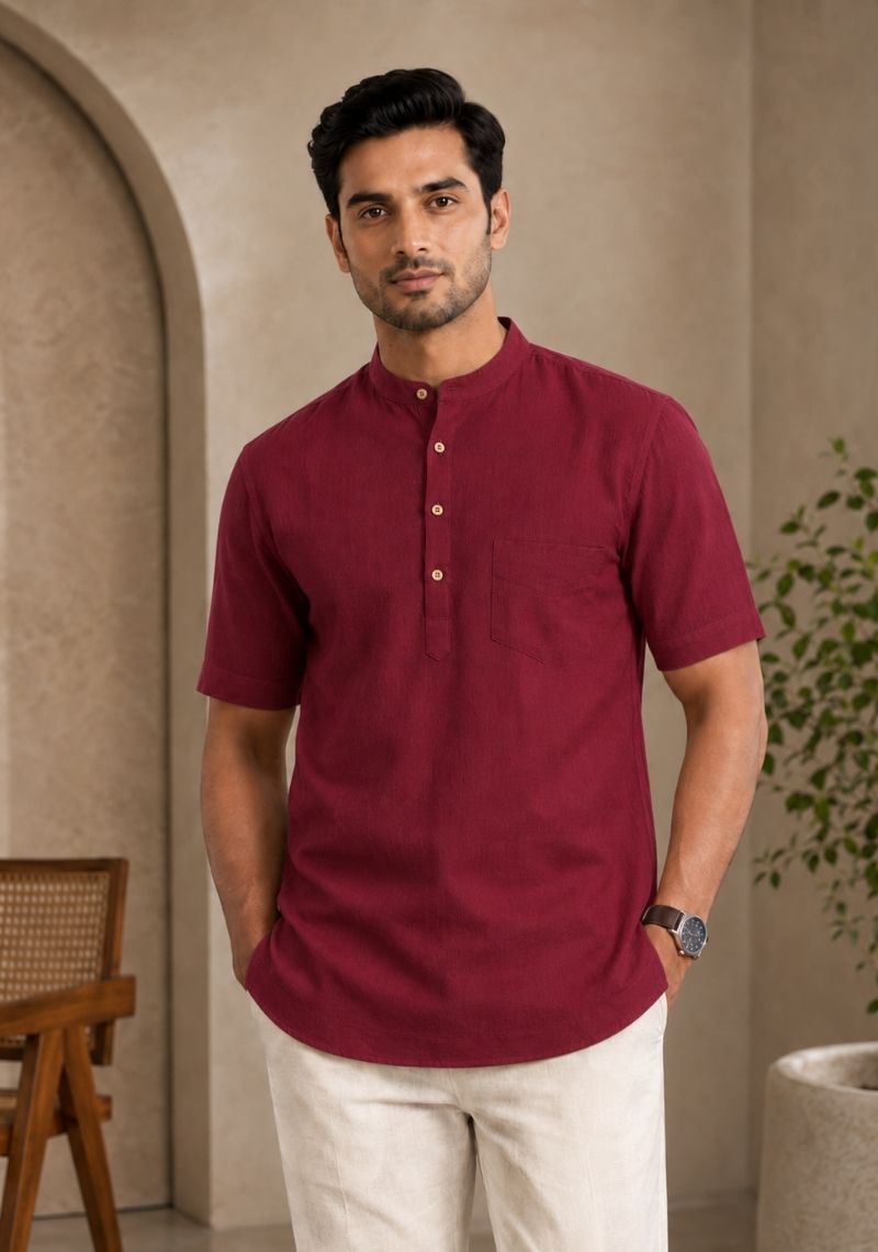 Maroon Cotton Half Sleeves Short Kurta-51284