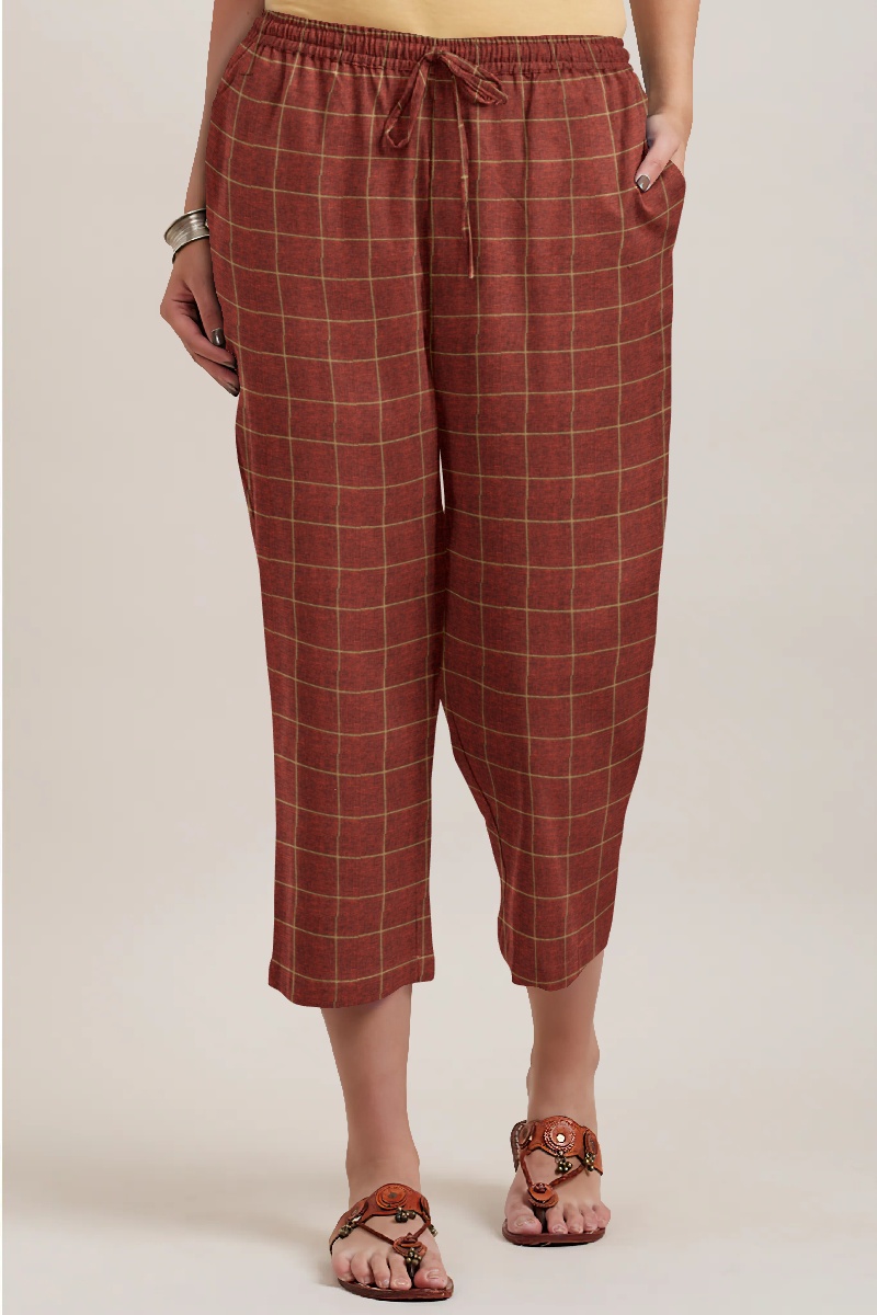Maroon Golden Cotton Check Women Culotte-35937