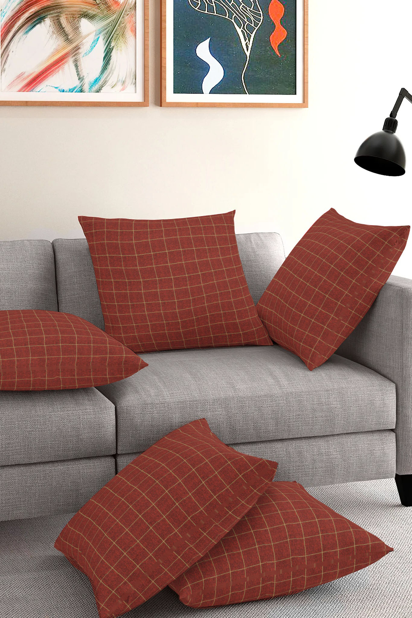 Set of 5-Maroon Golden Cotton Cushion Cover-35411-16x16 Inches