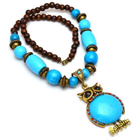 Maroon and Sky Blue pearls Drop Neckless with Owl Pattern Pandent for Women