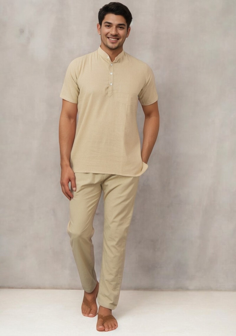 Men Linen Solid Co-ord Set Beige-49124