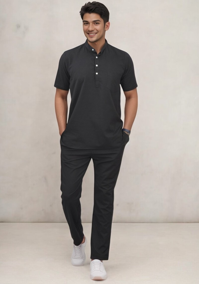 Men Linen Solid Co-ord Set Black-49113