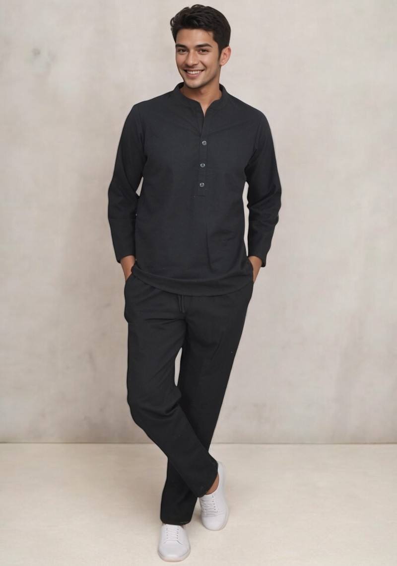 Men Linen Solid Co-ord Set Black-49119