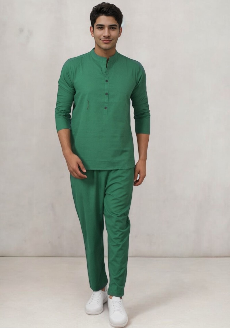 Men Linen Solid Co-ord Set Bottle Green-49121