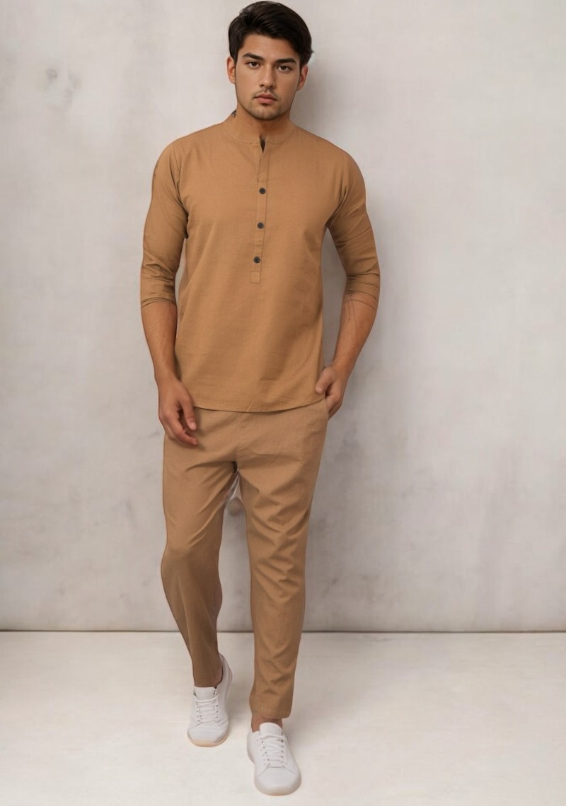 Men Linen Solid Co-ord Set Brown-49123