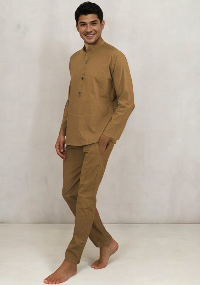 Men Linen Solid Co-ord Set Brown-49128