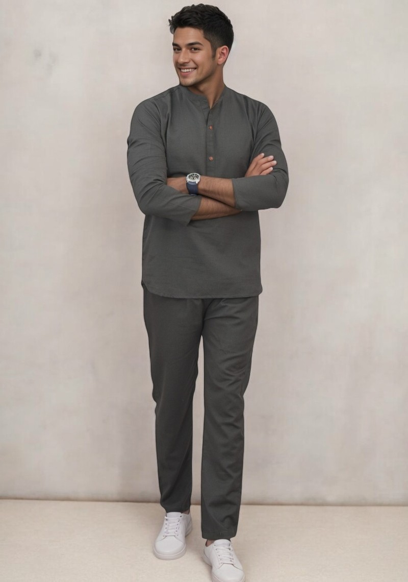 Men Linen Solid Co-ord Set Dark Gray-49115
