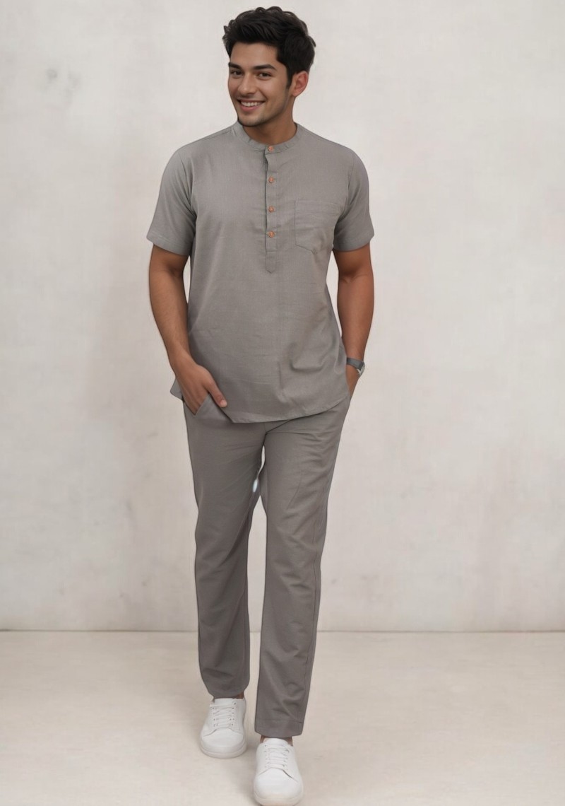 Men Linen Solid Co-ord Set Gray-49112