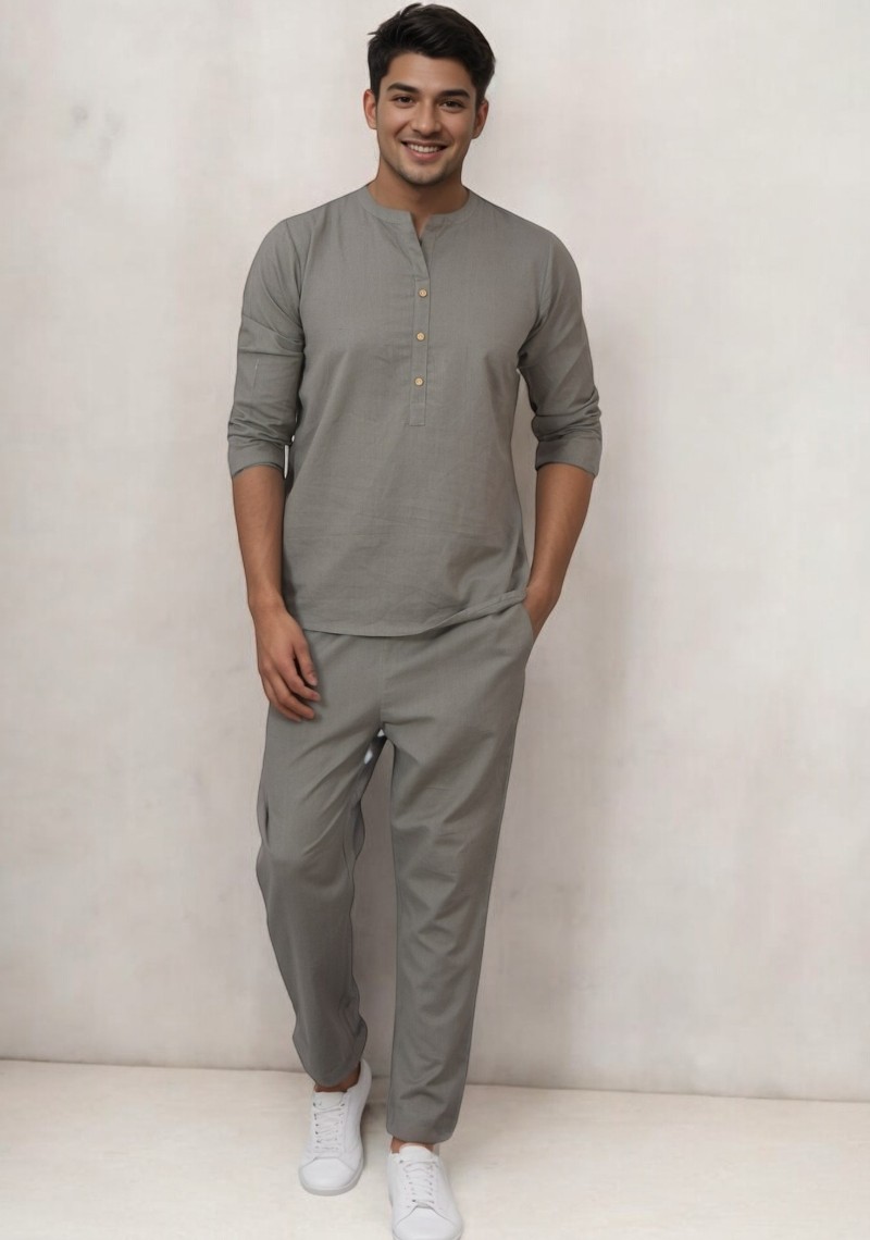 Men Linen Solid Co-ord Set Gray-49125