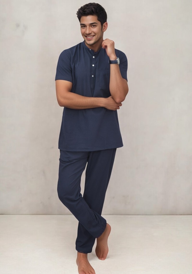 Men Linen Solid Co-ord Set Navy Blue-49116