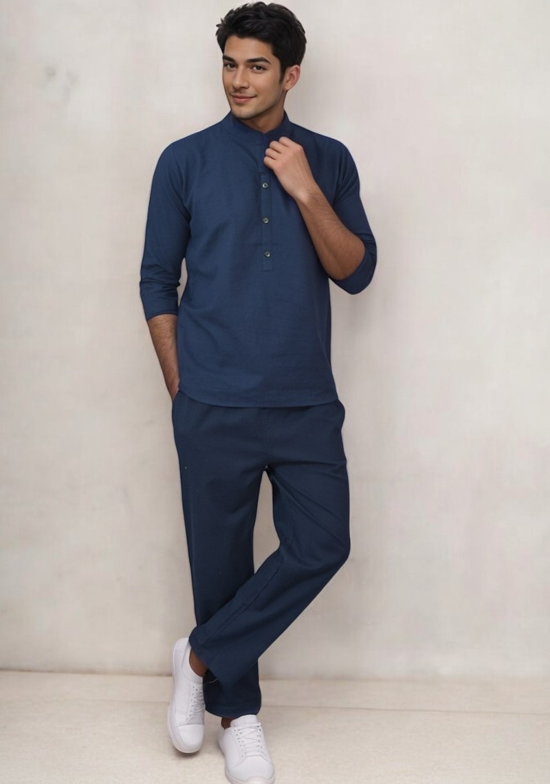 Men Linen Solid Co-ord Set Navy Blue-49127