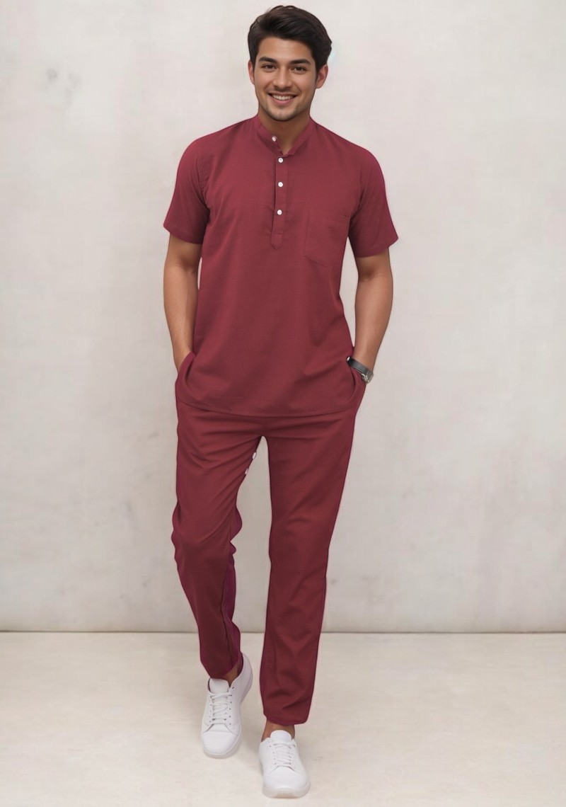 Men Linen Solid Co-ord Set WIne-49114