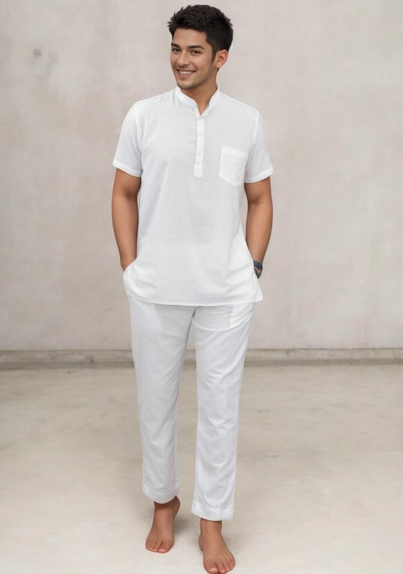 Men Linen Solid Co-ord Set White-49117