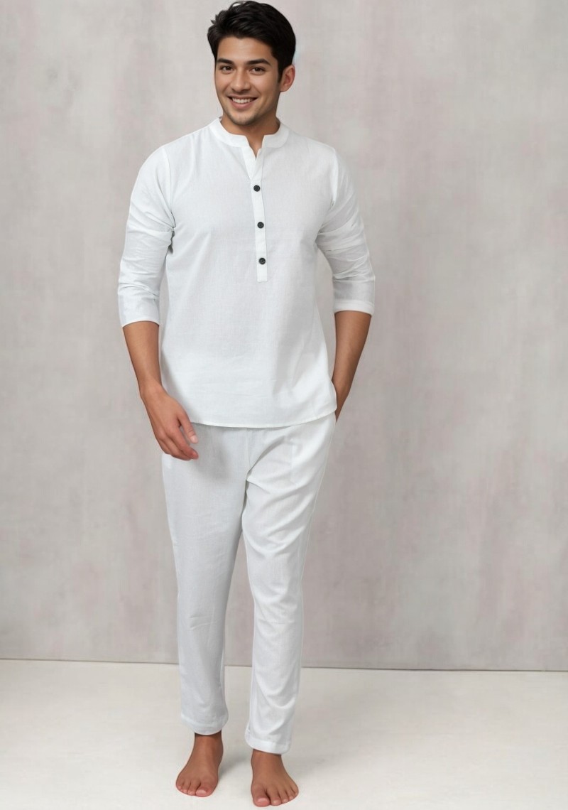 Men Linen Solid Co-ord Set White-49122