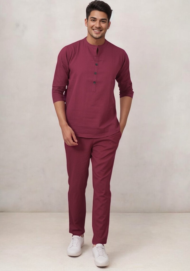 Men Linen Solid Co-ord Set Wine-49126