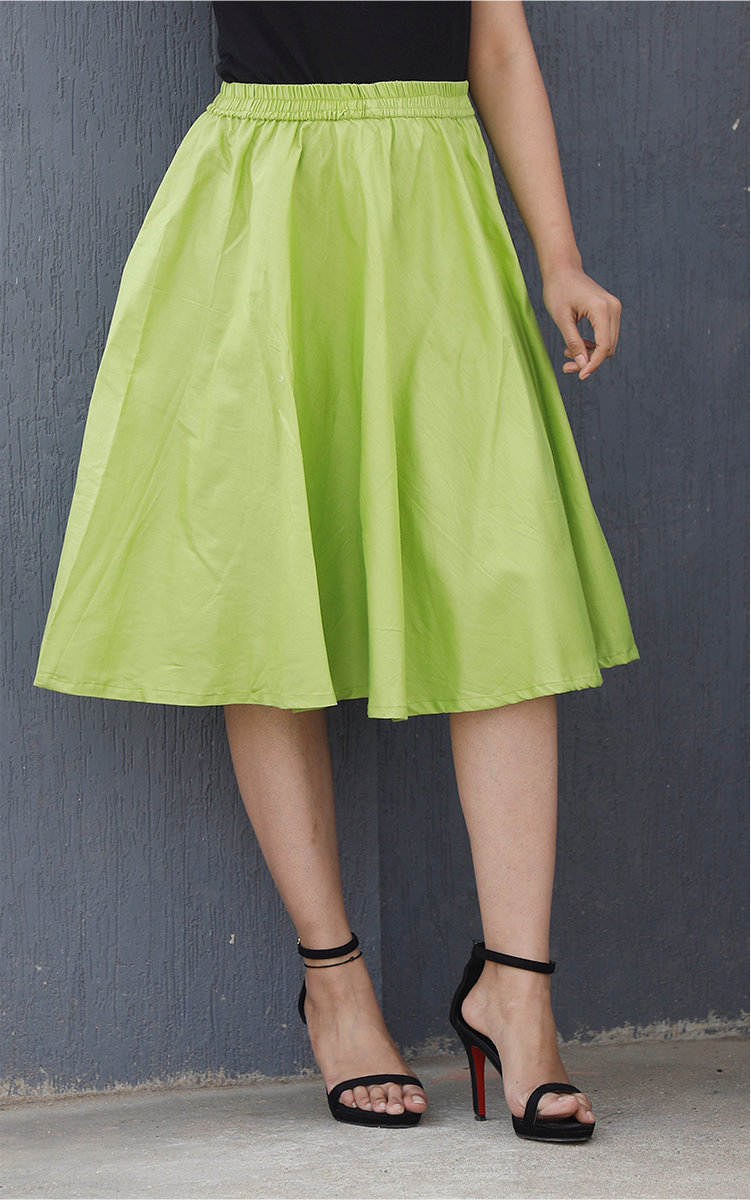 Mint Green Cotton Women Knee-Length Skirt-35292