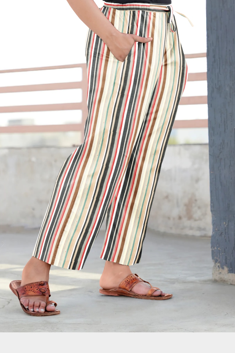 Multicolor Cotton Khadi Striped Loose Pant-35879