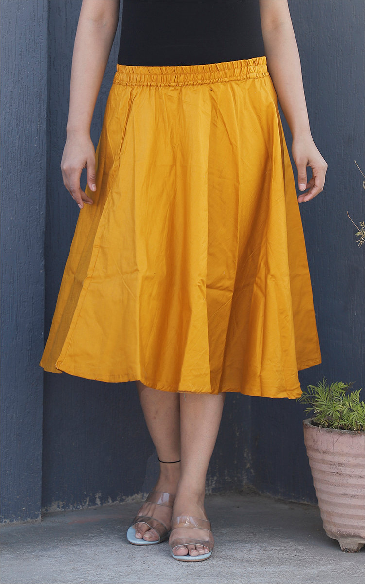 Mustard Yellow Cotton Women Knee-Length Skirt-35284
