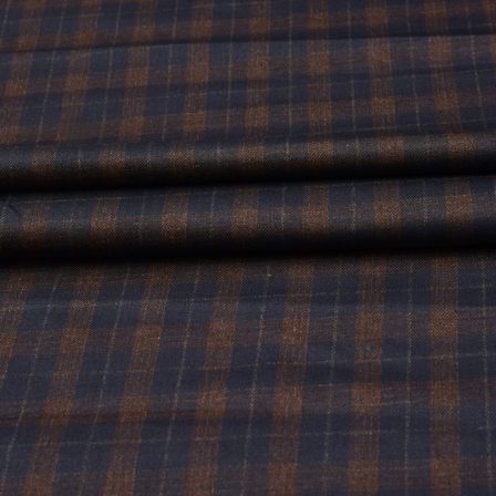 Navy Blue Brown Checks Tweed Wool Fabric-90742