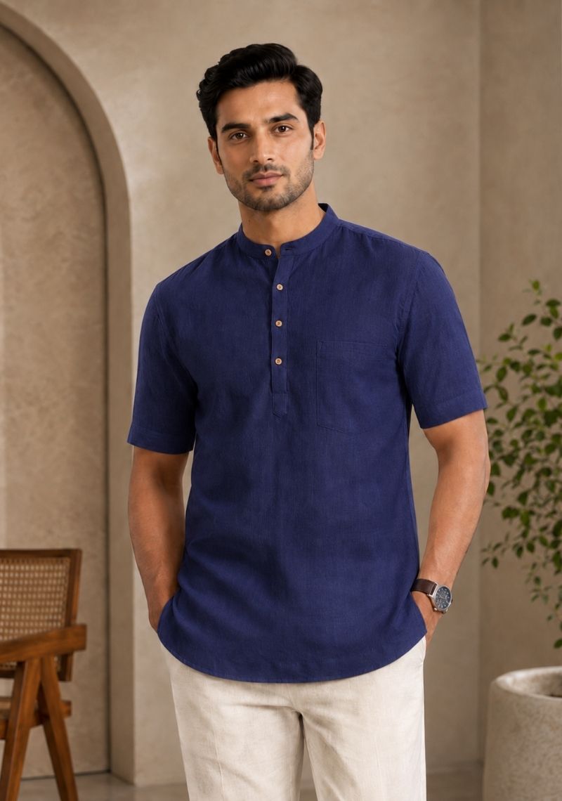 Navy Blue Cotton Half Sleeves Short Kurta-51285