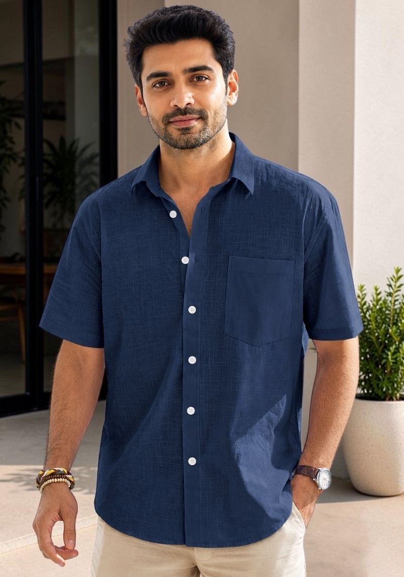 Navy Blue Cotton Linen Relaxed Fit Half Sleeve Shirt-51708